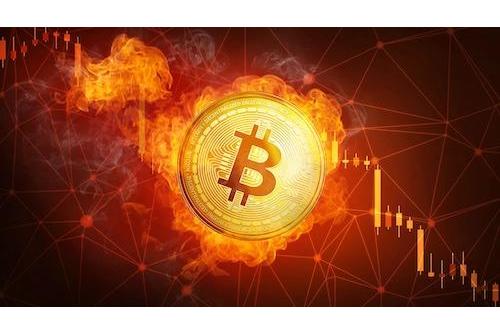 Golden bitcoin coin falling in fire flame