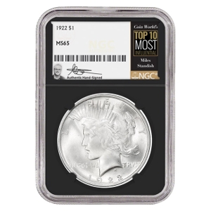 1922 $1 Peace Silver Dollar Miles Standish Signature Label - NGC MS65