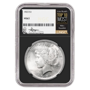 1923 $1 Peace Silver Dollar Miles Standish Signature Label - NGC MS63