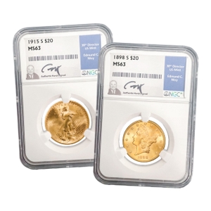 2 Piece S-Mint $20 Liberty and Saint-Gaudens Ed Moy Signature Label MS63 Set