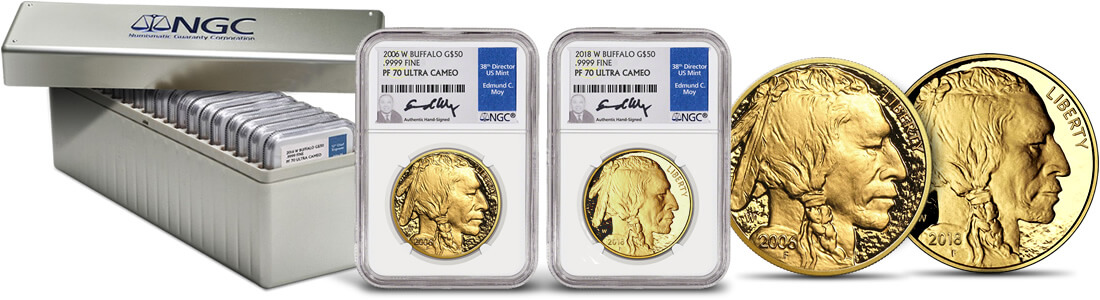 The full Date Run Collection of the Gold American Buffalo Proof 70 hand-signed coin slabs and a collectors box