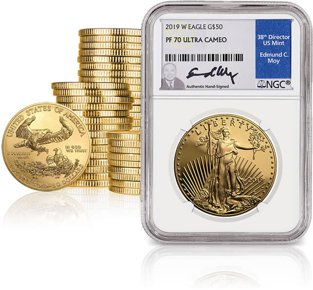 Stacks of gold bullion coins next to a graded Proof 70 Gold American Eagle slab