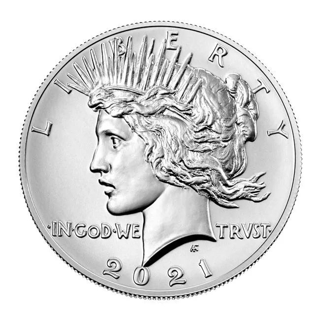 Front of 2021 Silver Peace Dollar MS70 Coin